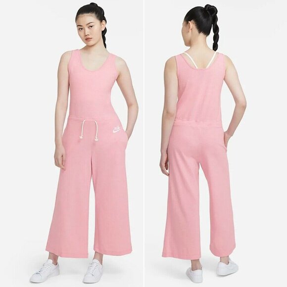 NIKE Sleeveless Jumpsuit Size XL Pink Wide Leg Drawstring Waist Pockets NEW